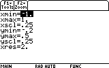 Graphing calculator window settings showing values for Xmin, Xmax, Ymin, Ymax, and scale/resolution parameters.